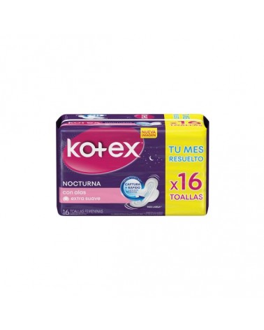 Kotex - Toallas Femeninas Nocturna con Alas Extra Suave - Paquete de 16 unidades Kotex - 1