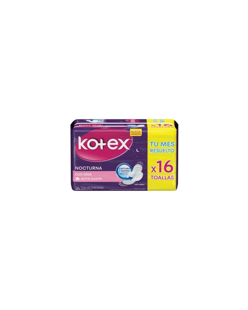 Kotex - Toallas Femeninas Nocturna con Alas Extra Suave - Paquete de 16 unidades Kotex - 1