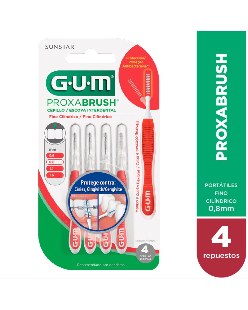 GUM - Proxabrush Cepillos Interdentales Portátiles con tapa - 1 - Fino Cilíndrico 0.8mm x 4 unidades