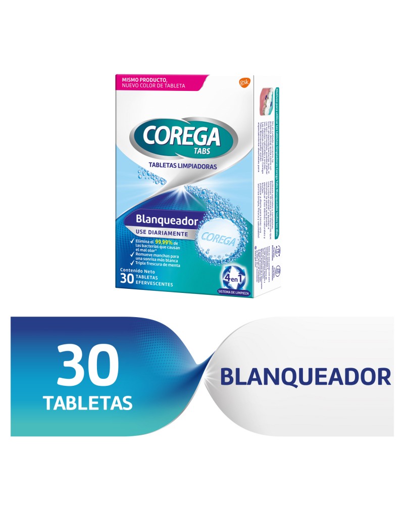 Limpiador De Prótesis Dentales Y Otros Aparatos Removibles, Corega Tabs Blanqueador X 30 Unidades